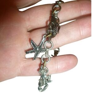 Vintage Nautical Charm Bracelet Silver Tone Mermaid Horseshoe Crab Lobster Sea
